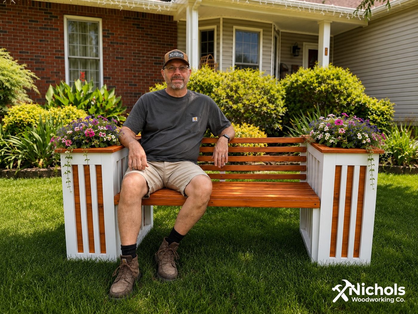 Maker Patrick Nichols seated on the Classic White Harlow Bench