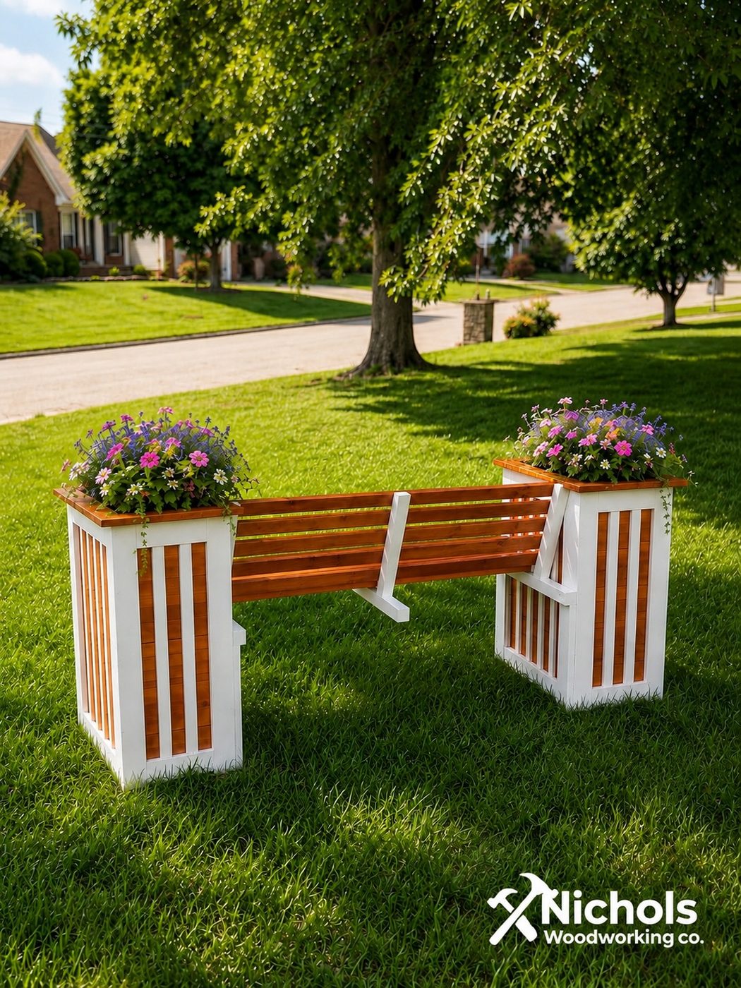 Classic White Harlow Bench styled in a front yard