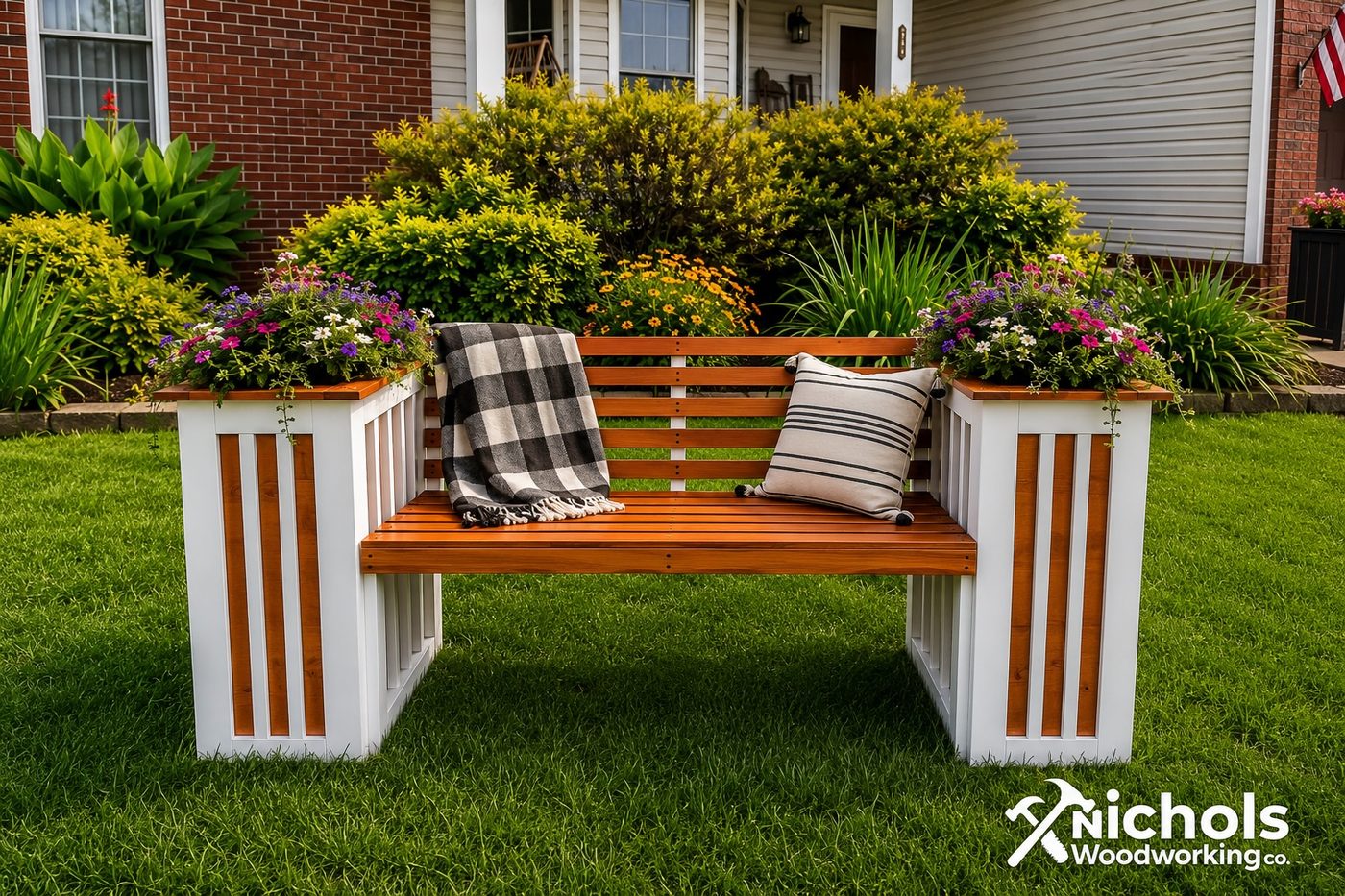 The Harlow Bench — cedar bench with built-in planter boxes on each end