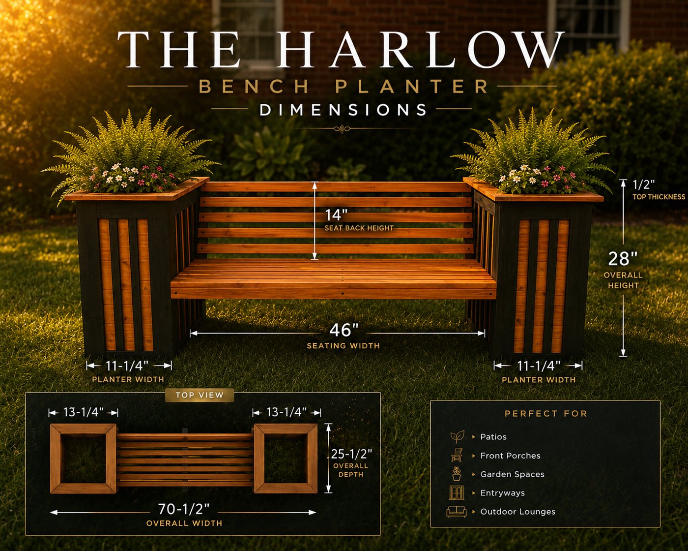 Harlow Bench dimensions: 70.5 inch overall width, 46 inch seating width, 28 inch overall height, 25.5 inch depth, 11.25 inch planter width