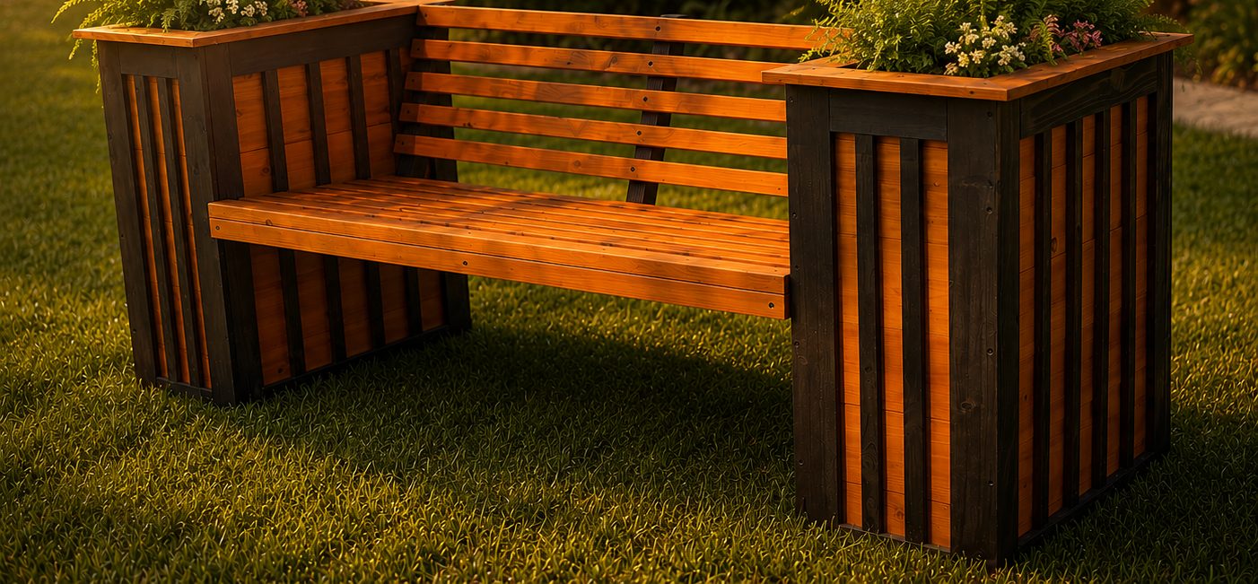 The Harlow Bench in Ebony Dark stain with cedar seat and planters full of ferns
