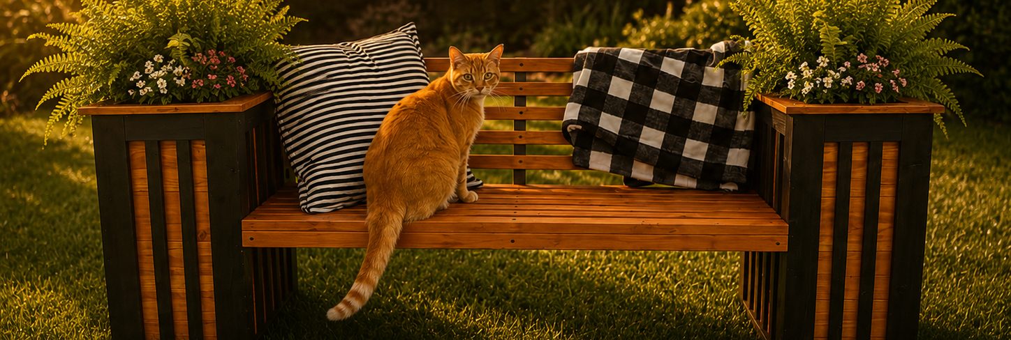 Harlow Bench in Ebony Dark stain styled with pillows in a garden