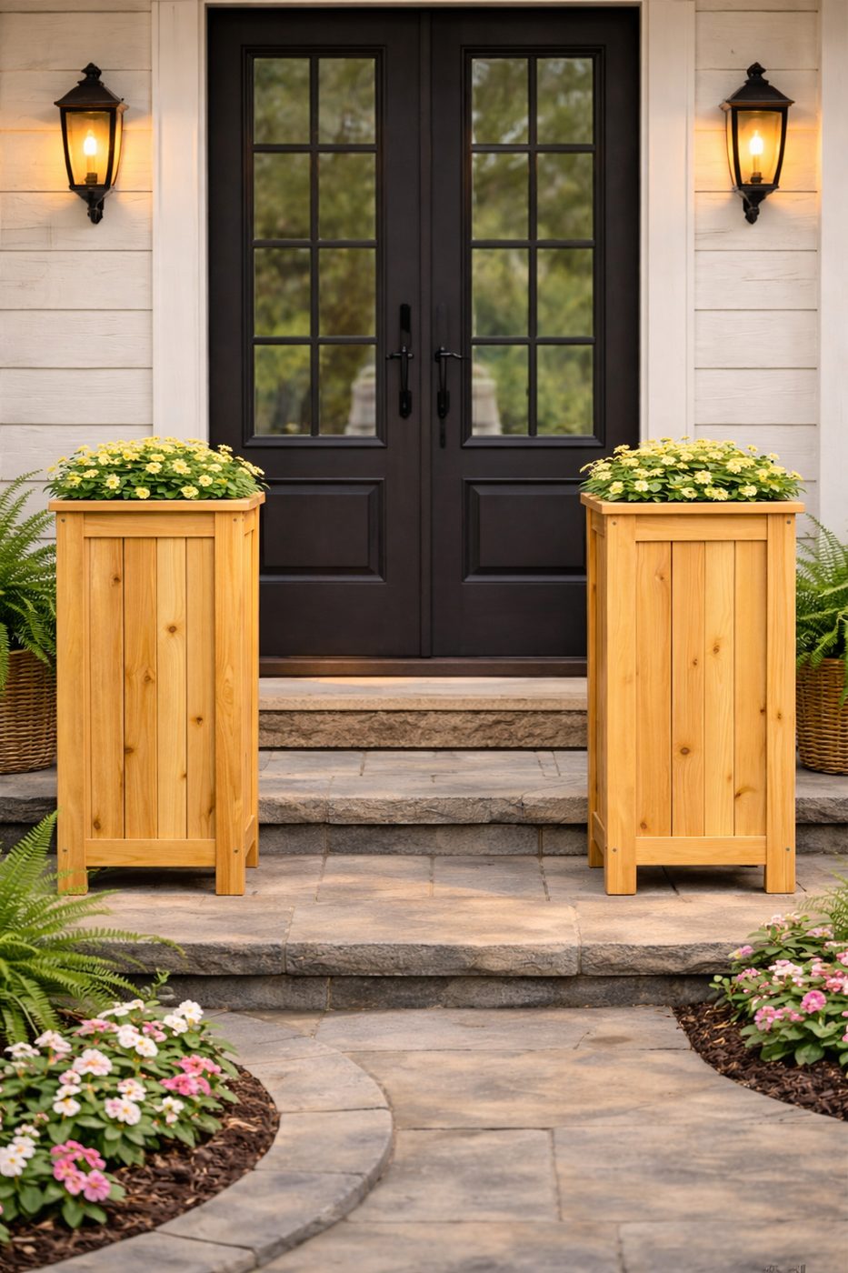 Hudson planters flanking a black front door