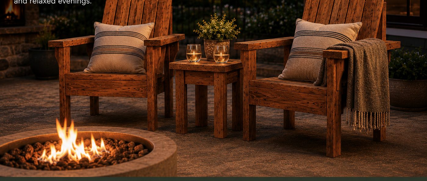 Ridgeview chairs beside a fire pit at dusk